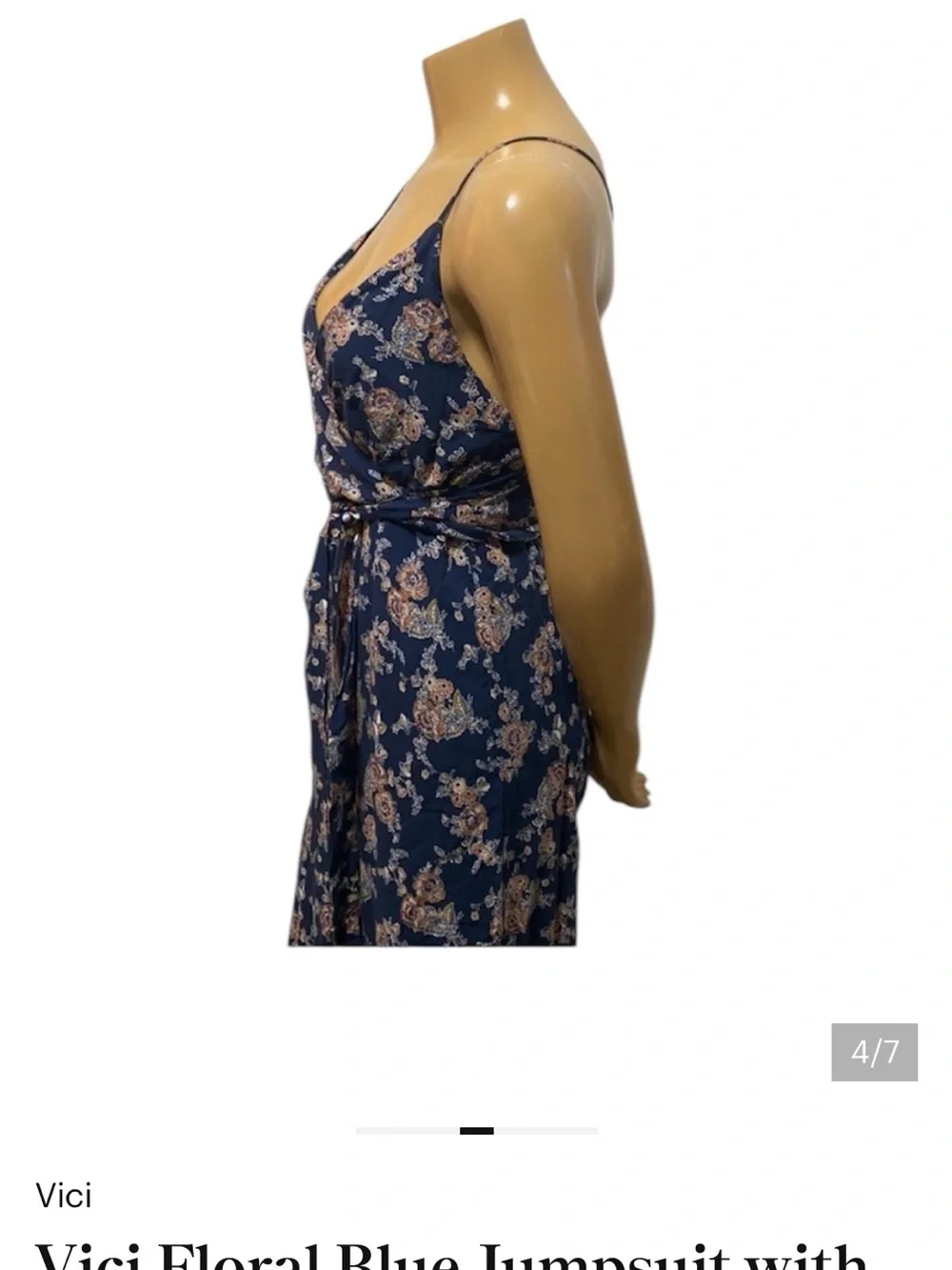 VICI Floral Wide Leg Jumpsuit Navy Blue Boho Wrap Tie Size M - Picture 6 of 8